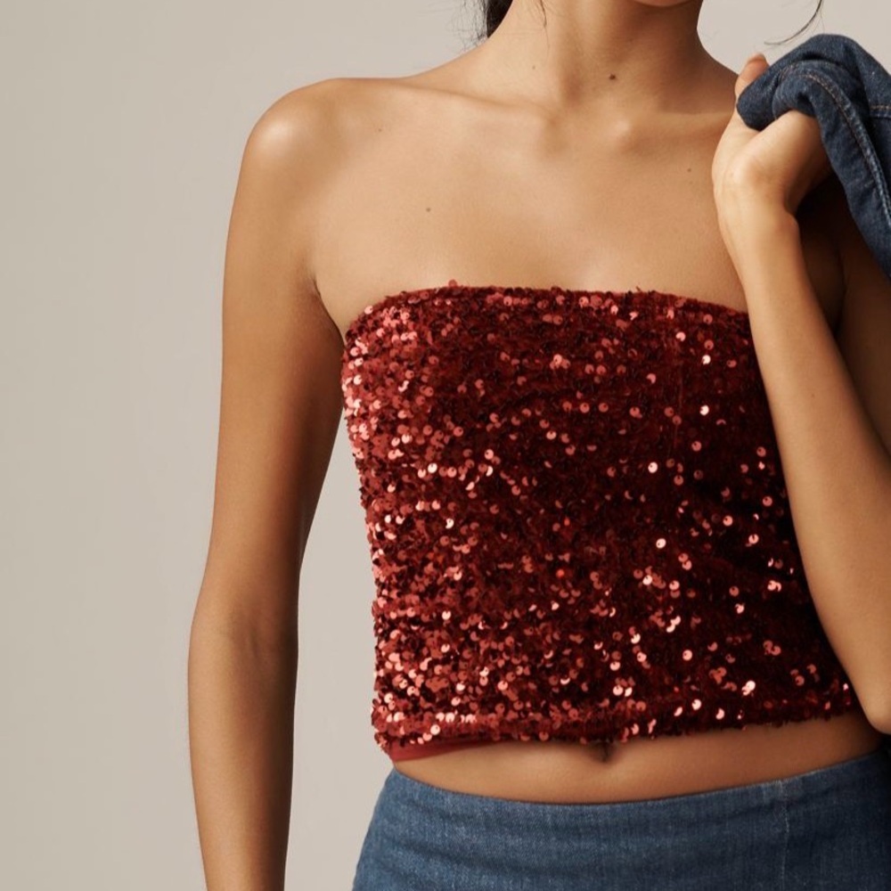 NWT Anthropologie Red / Burgundy Sequin Strapless Tube Top Size Large